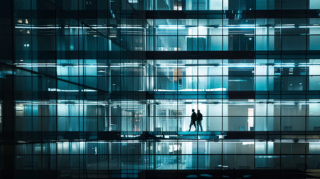 Two business people are walking in a modern office at night, talking about workの素材