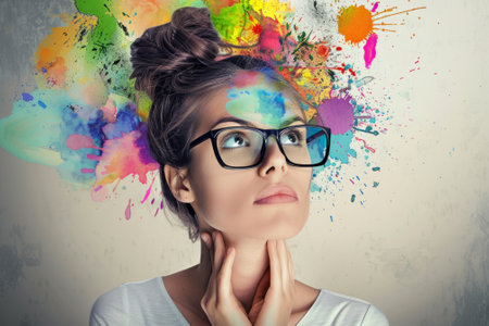 Young womans contemplation of art and creativity, with vibrant paint splatters bursting from her mindの素材