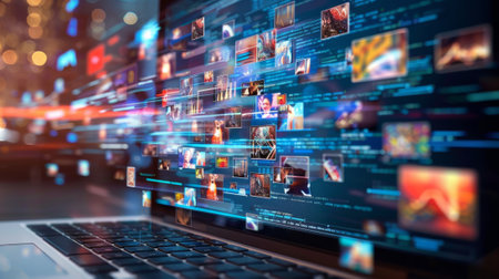 Laptop streaming images with programming code in the background, representing the concept of digital dataの素材