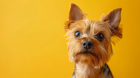 Yorkshire terrier dog is posing on a vibrant yellow backgroundの素材
