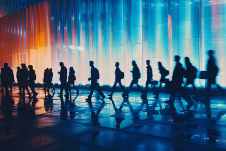 Business people are walking in a modern city with reflections on the wet pavementの素材