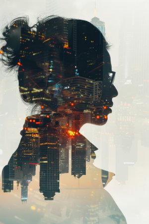 Businesswoman profile overlapping with cityscape at nightの素材
