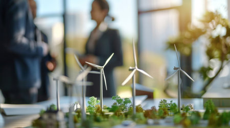 Investors and technician discussing model of wind turbine farmの素材