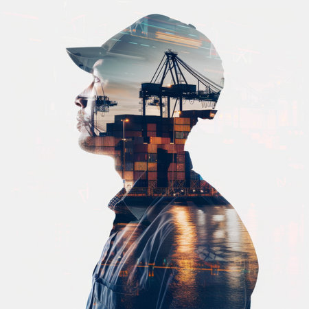 Logistics manager thinking about international shipping and global tradeの素材