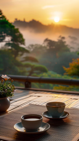 Enjoying two cups of coffee on a terrace at sunriseの素材