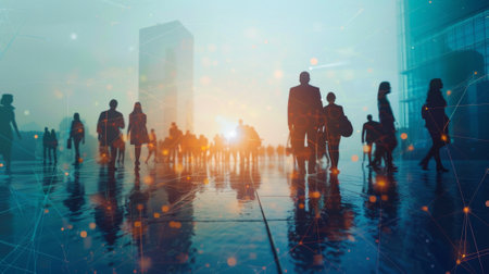 Business people walking in urban cityscape with technology graphics overlayの素材