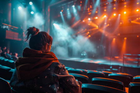 Young woman enjoying live music performance at concertの素材