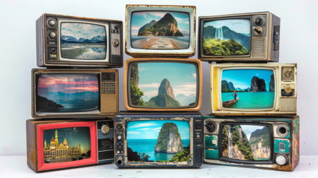 Stack of retro televisions showing tropical landscapesの素材