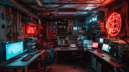 Computer science lab featuring modern technologies and neon lightsの素材