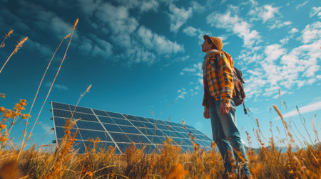 Young engineer walking through field inspecting solar panel installationの素材