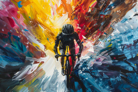 Cyclist riding through abstract colorful brushstrokesの素材