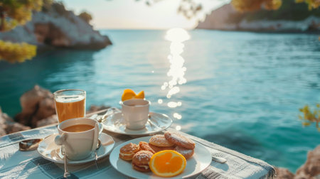 Enjoying a delicious breakfast by the sea at sunriseの素材