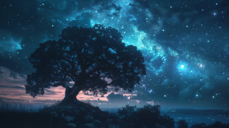 Lonely tree standing under milky way in a starry nightの素材