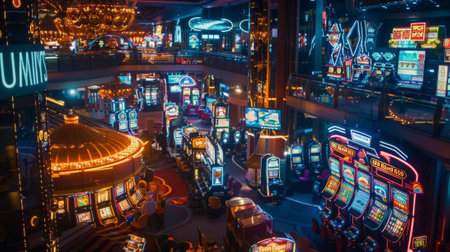 Casino interior with people playing slot machinesの素材