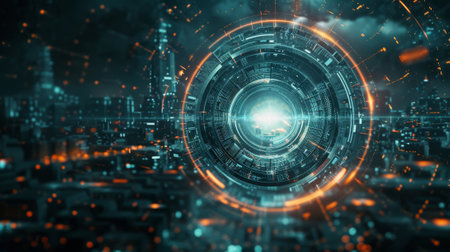 Futuristic portal opening above city skyline with glowing lightsの素材