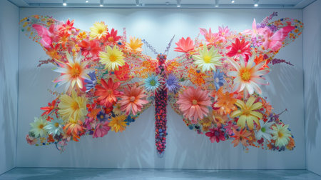 Giant dragonfly made of colorful flowers hanging on a white wallの素材