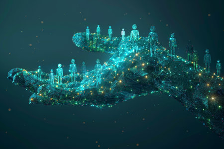 Polygonal hand holding people representing global community and supportの素材