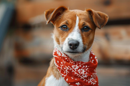 Cute jack russell terrier dog is wearing red bandanaの素材
