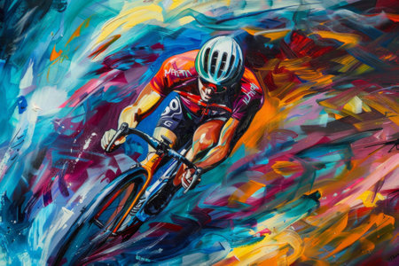 Professional cyclist pedaling in abstract paintingの素材