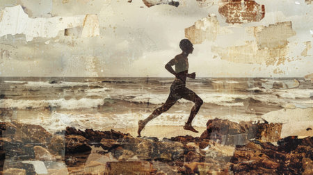 Athlete running on the beach with grunge overlaysの素材
