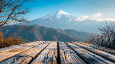 Empty wooden table showing majestic mount fuji in backgroundの素材