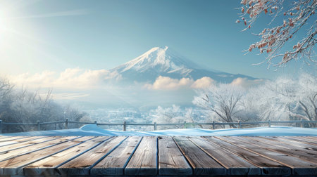Empty wooden table displaying the majestic mount fuji in winterの素材