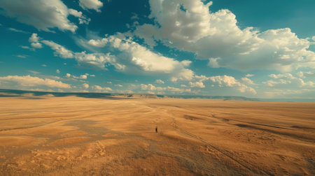Photographer standing on a hill taking pictures of a desert landscapeの素材