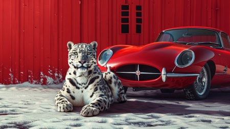 Snow leopard relaxing near red vintage sports carの素材