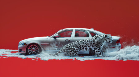 Snow leopard walking near silver car on red backgroundの素材