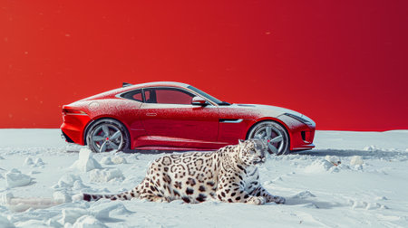 Snow leopard relaxing near red sports car in snowy landscapeの素材