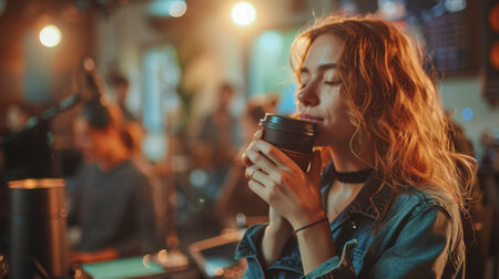 Young woman enjoying aroma of coffee in cafe with friendsの素材