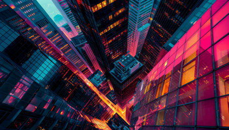 Colorful skyscrapers rising above at night in new york cityの素材