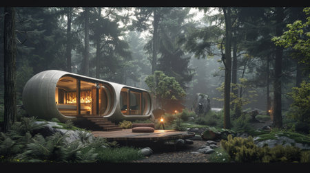 Modern oval capsule house illuminating a dark forest at nightの素材