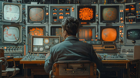 Engineer working at control panel with multiple screens showing dataの素材