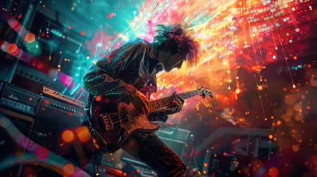 Musician playing electric guitar with passion on stageの素材