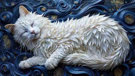 White cat sleeping peacefully on a starry night backgroundの素材