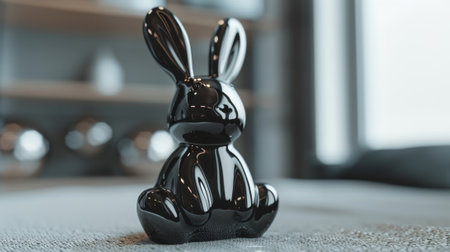 Shiny black rabbit figurine sitting on a tableの素材