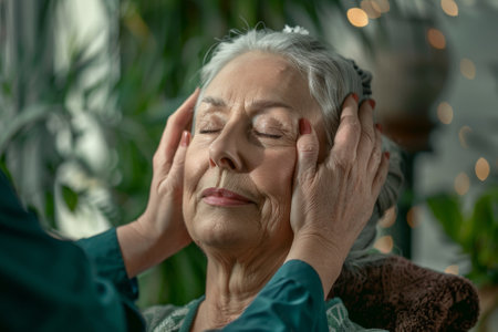 Nurse massaging head of senior woman relaxing with eyes closedの素材