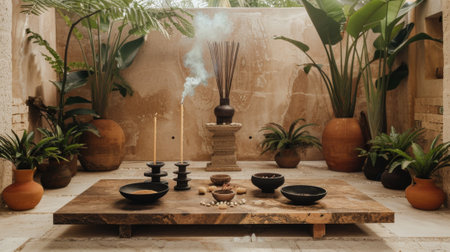 Incense sticks releasing smoke in a meditation corner with plantsの素材