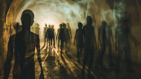 Crowd of people walking in dark tunnel with smokeの素材