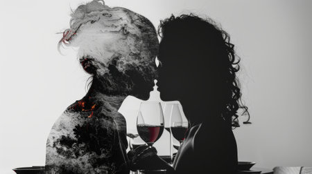 Silhouette of a couple kissing, symbolizing love and connectionの素材