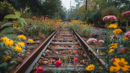 Rusty train tracks disappearing into distance covered with beautiful flowersの素材