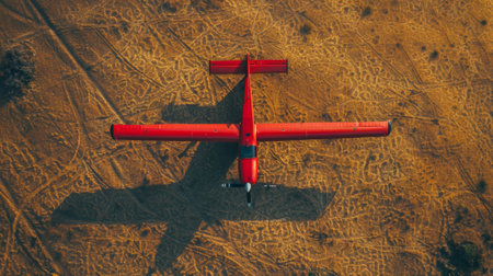 Red patrol drone flying over desert landscape on a sunny dayの素材