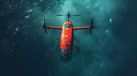 Red rescue drone hovering over blue sea during the dayの素材