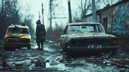 Lonely man standing by abandoned cars in post apocalyptic cityの素材