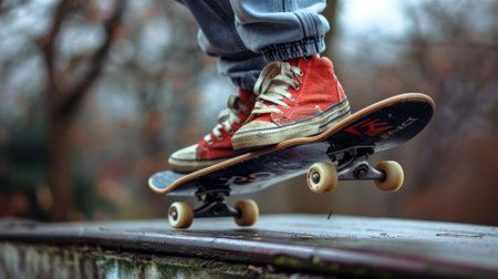 Skateboarder balancing on skateboard at skate parkの素材