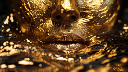 Woman submerging in golden water with gold leaf on skinの素材