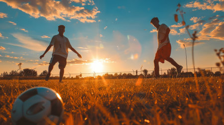 Two soccer players kicking a ball on field at sunsetの素材