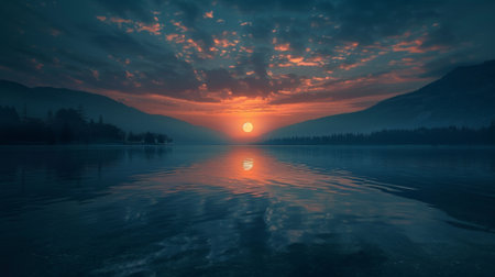 Sun rising over calm lake reflecting in water at dawnの素材