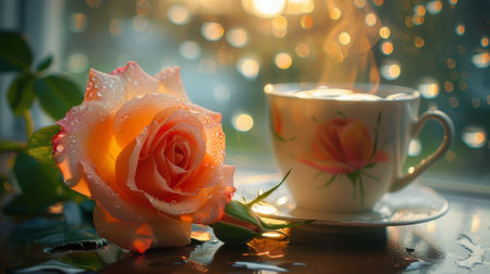 Enjoying a warm cup of coffee on a rainy morning with a beautiful orange roseの素材